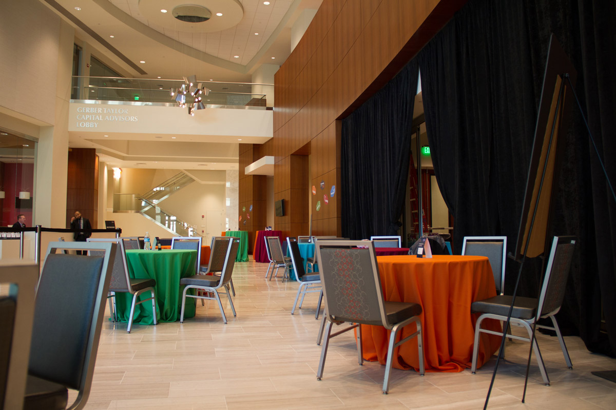 Lobby with tables and bright tablecloths