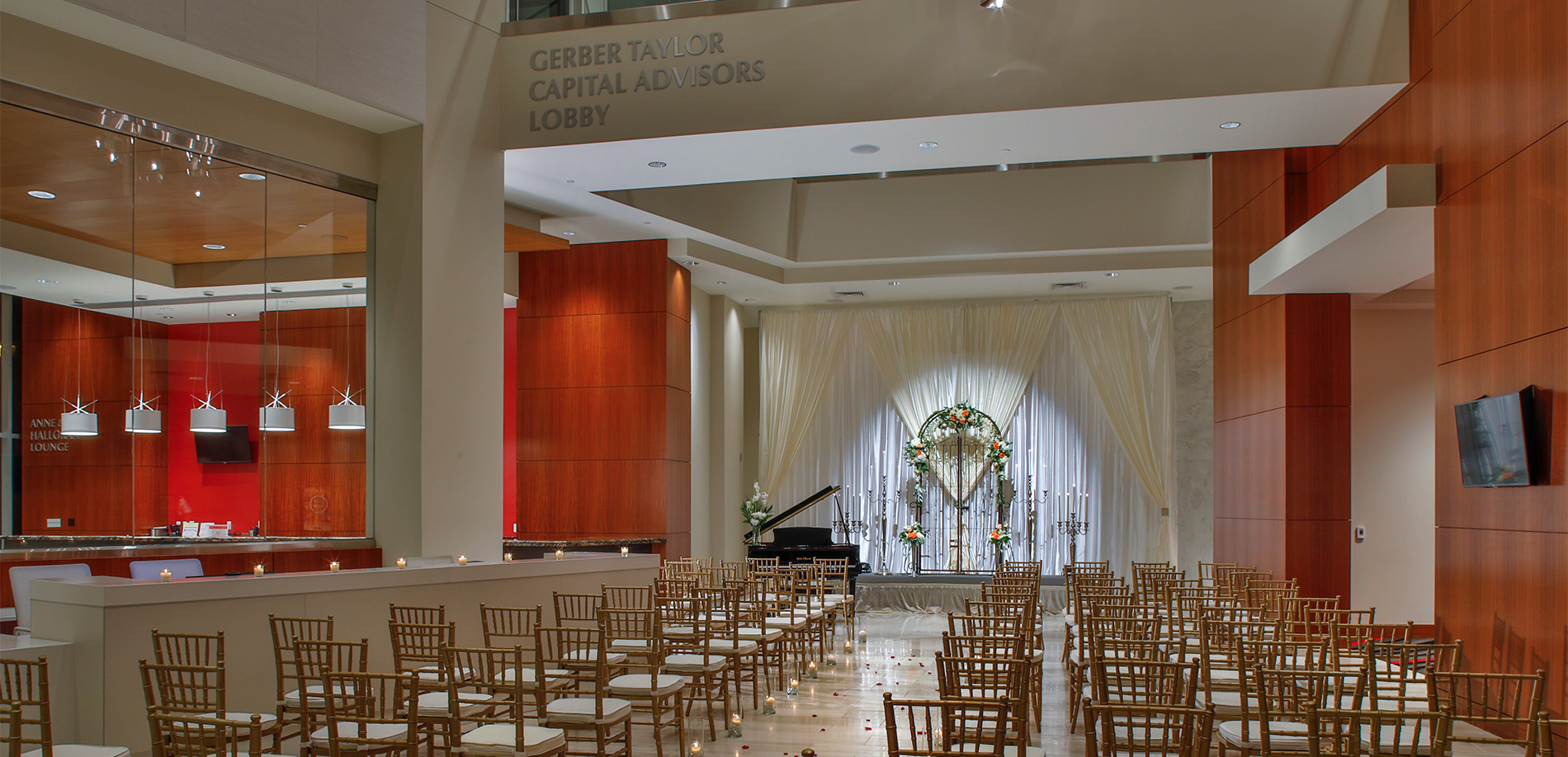 Wedding ceremony set up in Halloran Centre Lobby