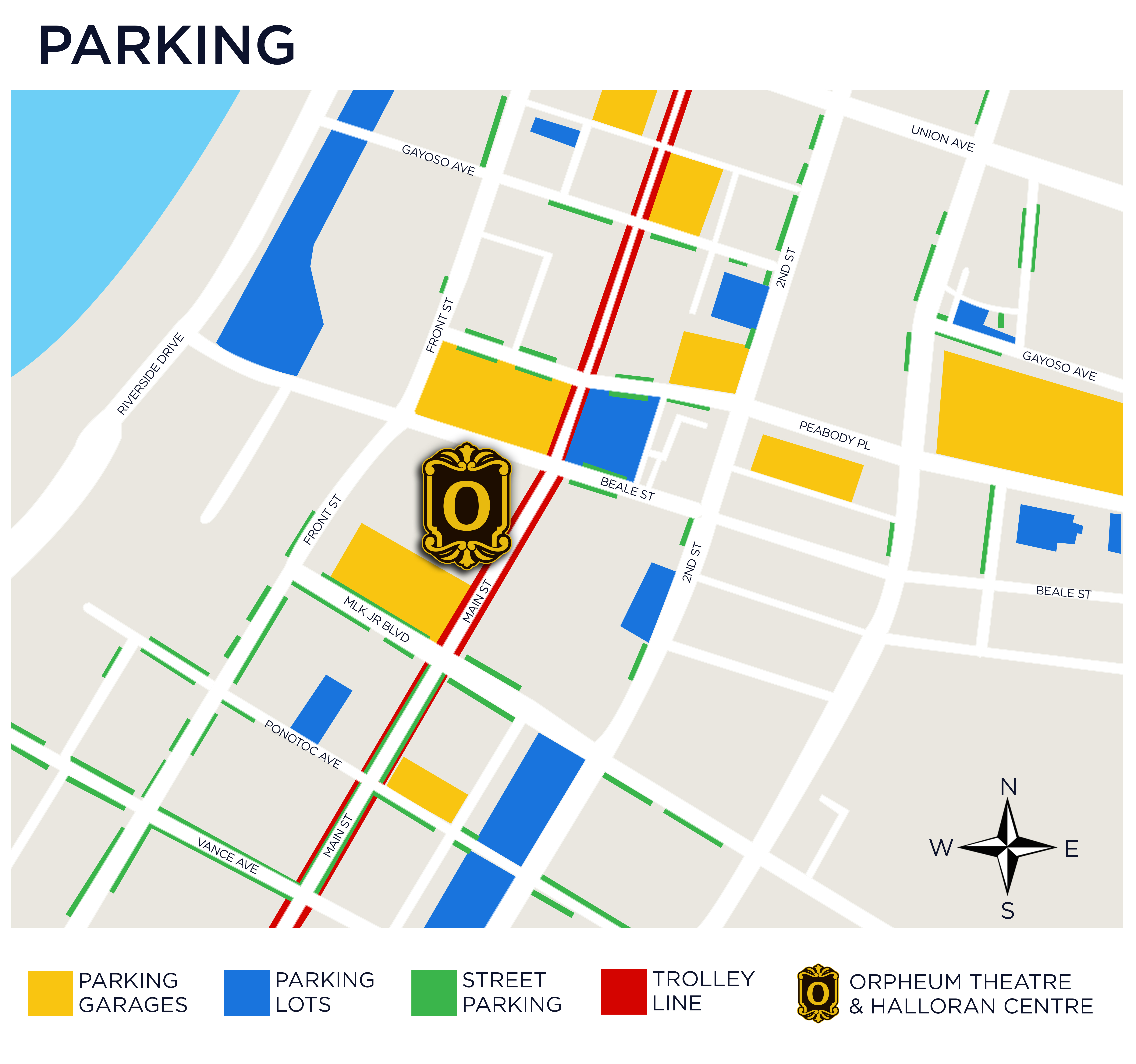 Map highlighting the best parking spots near the Orpheum Theatre and Halloran Centre