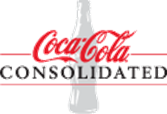 coca cola logo font over the word 'consolidated' with a grey coke bottle icon in the background